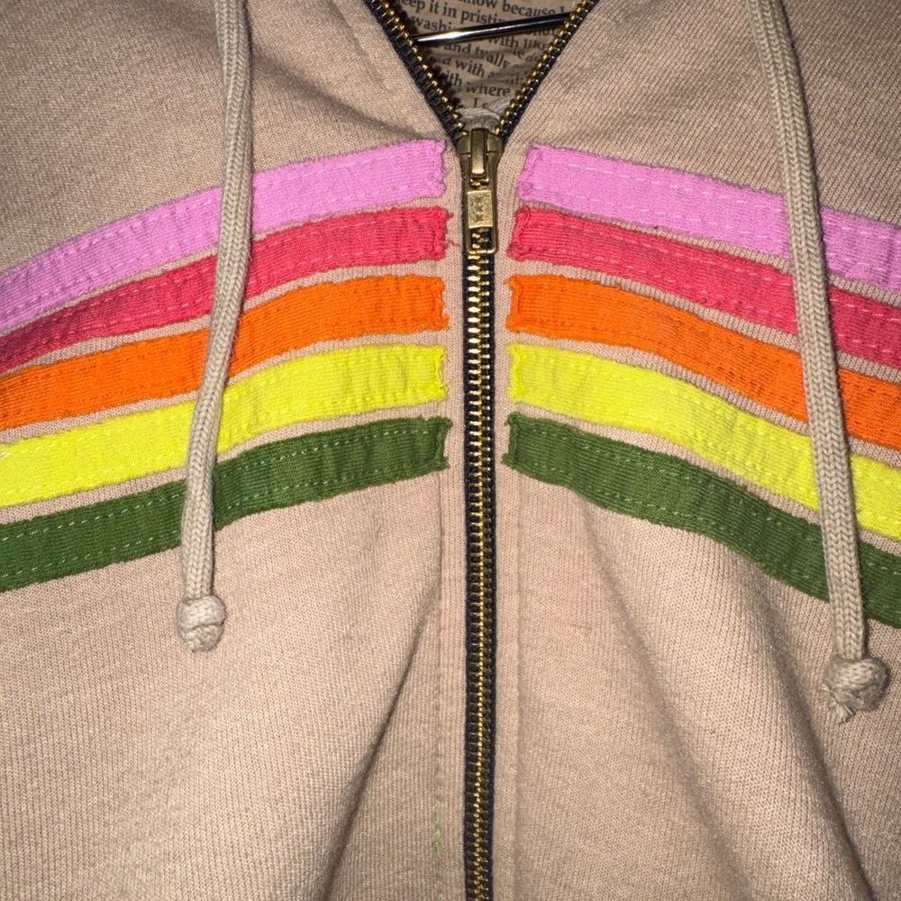 Aviator Nation Beige Zip Hoodie with Neon Rainbow Stripes - Picture 5 of 7